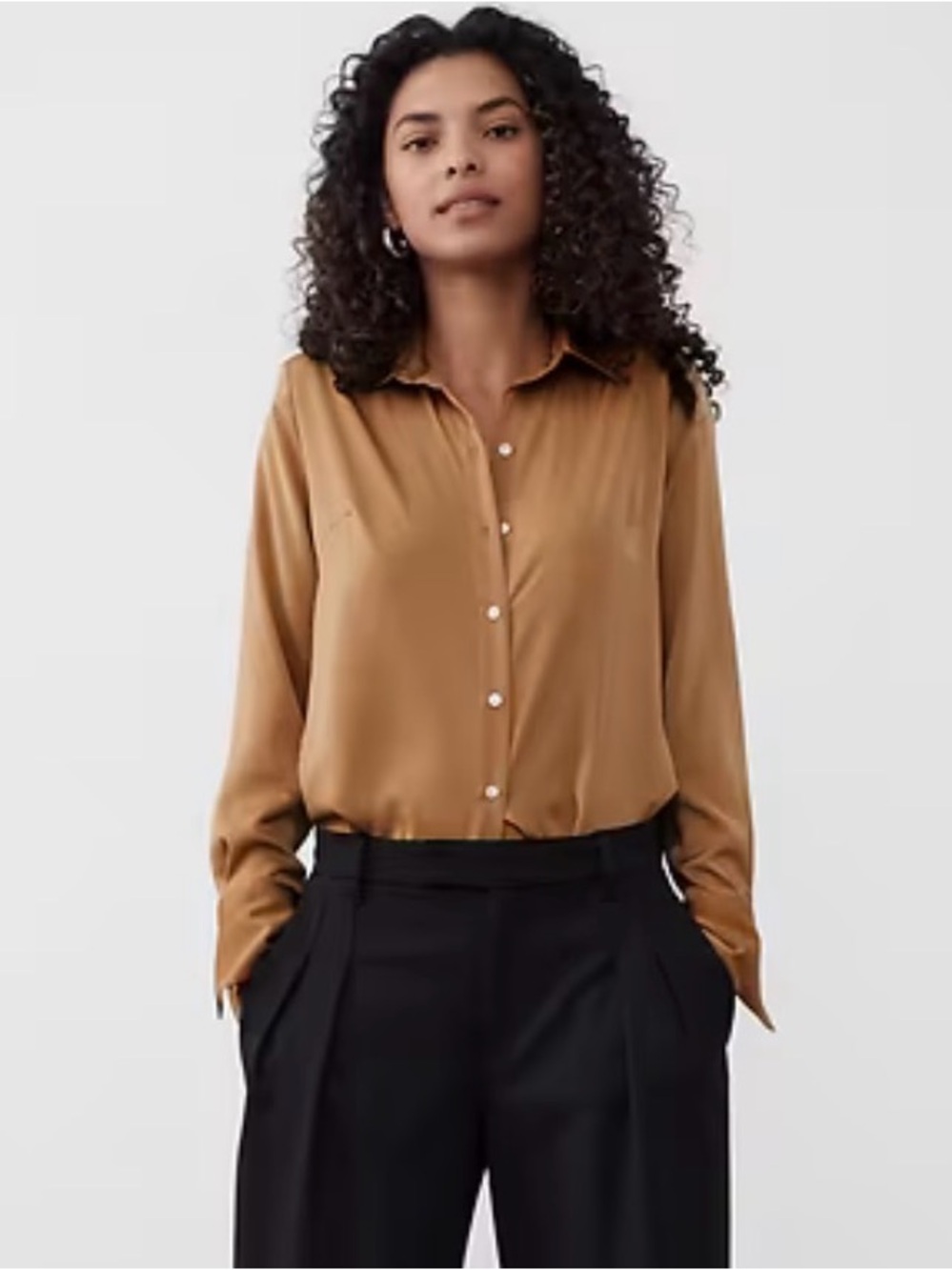 Banana Republic Factory Satin Button-Down Shirt - Camel/Tan